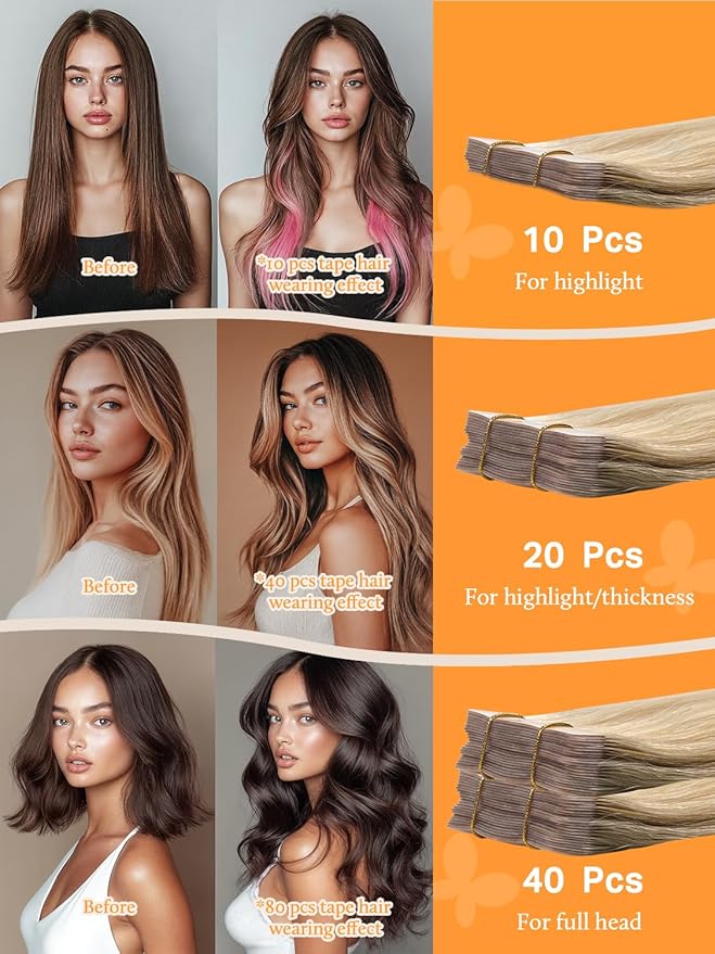 DOORES Tape in Hair Extensions, Drity Blonde Mixed Platinum Blonde 40pcs 100g 14 Inch, Real Human Hair, Seamless Straight