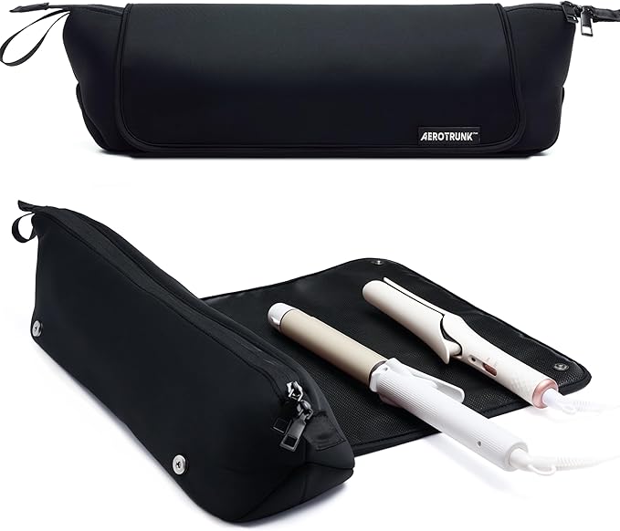 Aerotrunk Hair Tools Organizer - Hot Hair Tools Travel Bag with Heat Resistant Mat, Large Capacity Pouch for Flat Irons, Curling Wands, Hair Dryers - Black