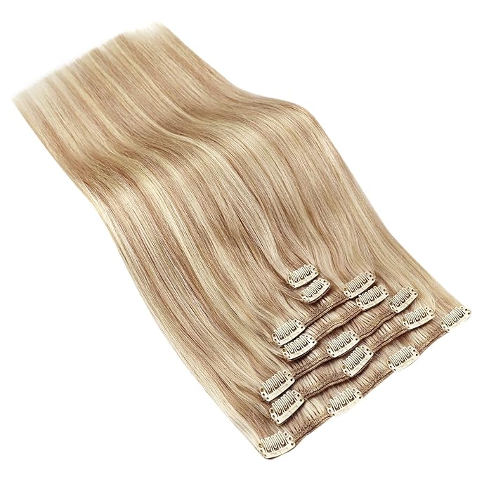 Ve Sunny Blonde Clip in Hair Extensions Real Human Hair for Women Highlight Hair Extensions Clip in Remy Human Hair Full Head Warm Color 7pcs 120g 22inch