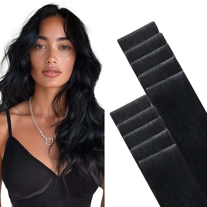 GOO GOO Invisi Edge Tape in Hair Extensions Human Hair, 1 Jet black, 10pcs 20inch 30g, Virgin Remy Hair, Seamless Injected Tape, Natural Look