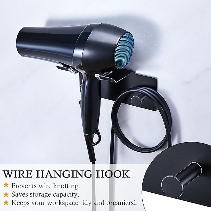 Hair Dryer Holder Wall Mount, Blow Dryer Holder for Wall, Adhesive Hairdryer Holders, Stainless Steel Blowdryer Holders Bathroom Hair Tool Organizer Hair Dryer Hanger Hook with Cord Storage (Black)