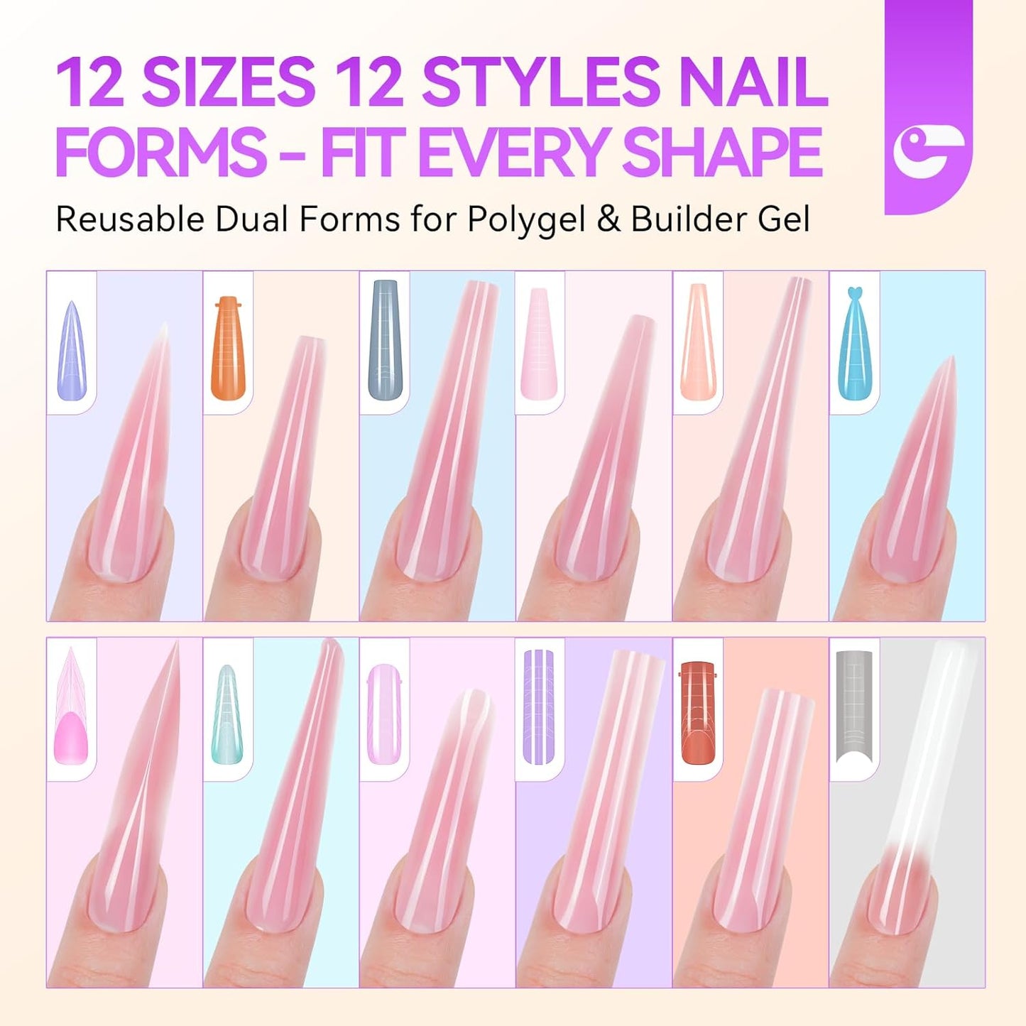 288pcs Nail Dual Forms for Buildergel: Gelike EC 12 Unique Styles & Sizes for Professional Salon-Quality Manicures at Home