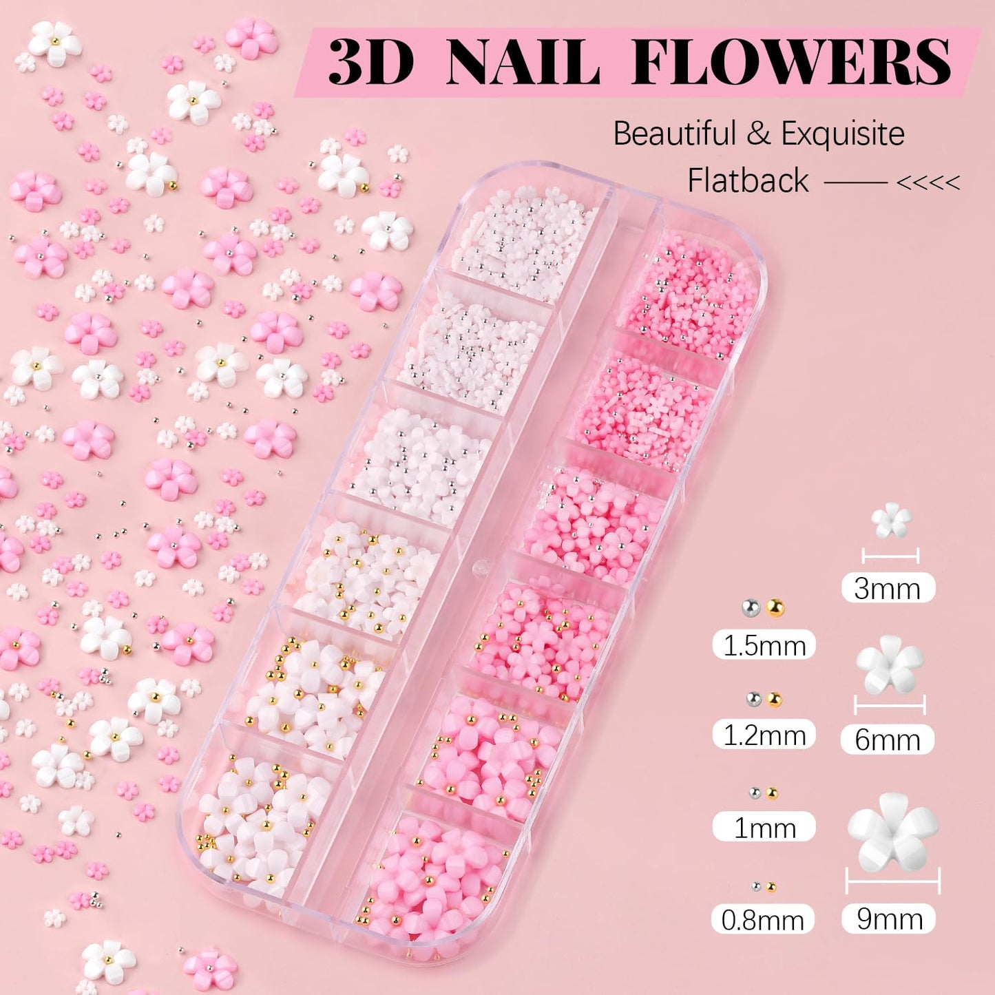 3D Flower Nail Charms and Gems, Cute Colorful Floral Charm Manicure Kit with Nail Rhinestone Glue Gel (UV Curing), Butterfly Caviar Beads Half Round Pearl & Flatback AB + Clear Crystal