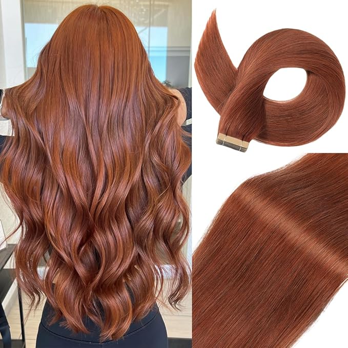 Tape in Hair Extensions Human Hair Auburn Brown Remy Hair Extensions 20pcs 14 Inch Straight Invisible Human Hair Tape in Extensions Skin Weft Tape Extensions Human Hair (#A33,14 Inch)