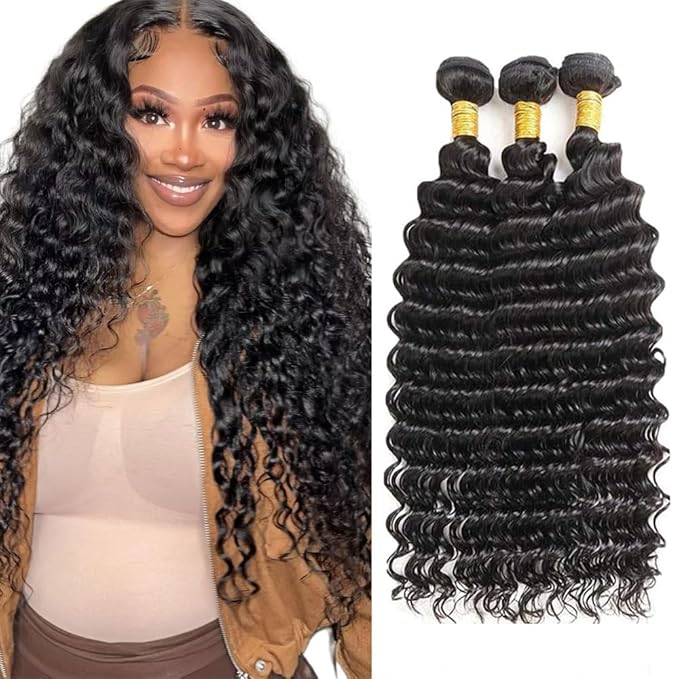 Human Hair Bundles Color 1B Deep Wave Bundle Niegmeag Virgin Remy Hair 3 Bundles 14 16 18 Inch Double Weft Natural Black Deep Wave Bundle Hair Weave