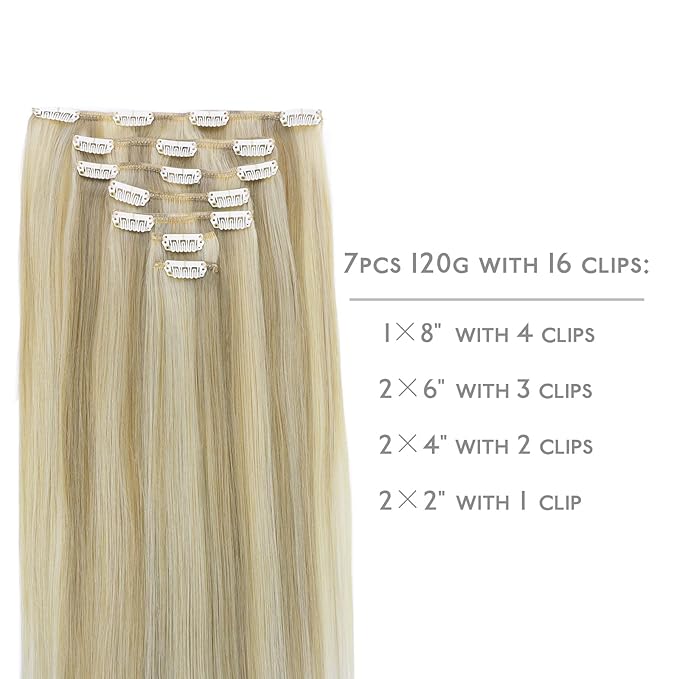 WENNALIFE Clip in Hair Extensions Real Human Hair, 14 Inch 110g 7pcs Remy Hair, Ash Blonde Highlighted Platinum Blonde Straight Natural Extensiones De Cabello Humano Con Clip Ins
