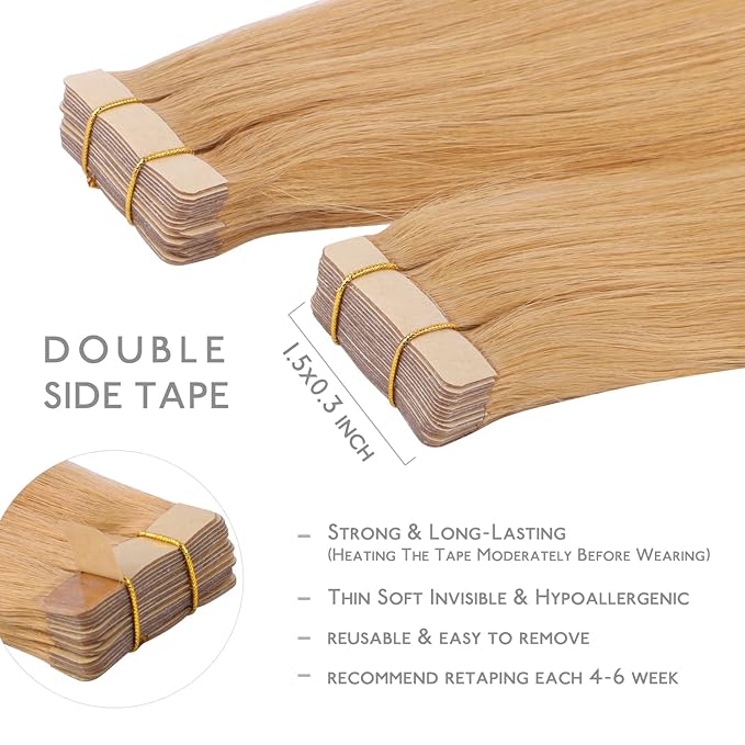 WENNALIFE Tape in Hair Extensions Human Hair, 20pcs 60g 26 inch Strawberry Blonde Remy Hair Extensions Straight Human Hair Tape in Extensions Skin Weft Tape Extensions Human Hair
