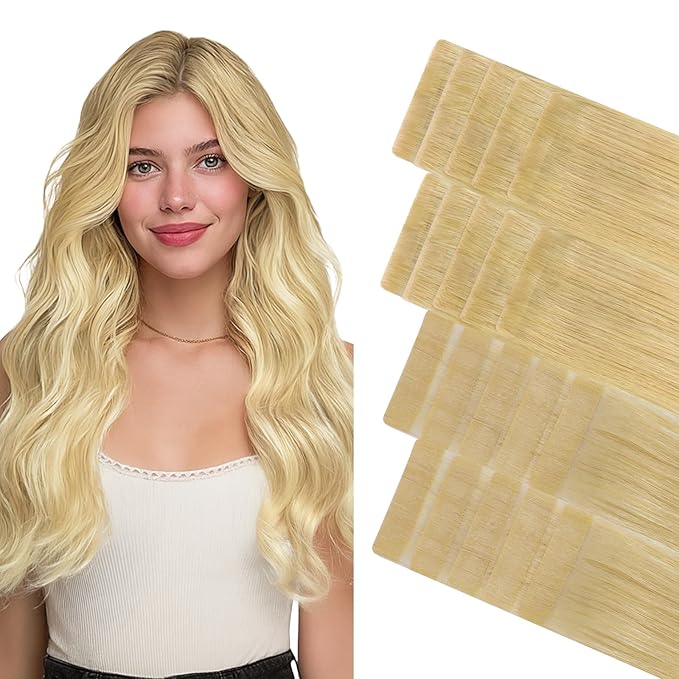 GOO GOO Invisi Edge Tape in Hair Extensions Human Hair, 18AT60A Pearl Ash Blonde Highlights10pcs injected with 10pcs classical tape ins, 14inch 50g, Virgin Remy Hair, Natural Look