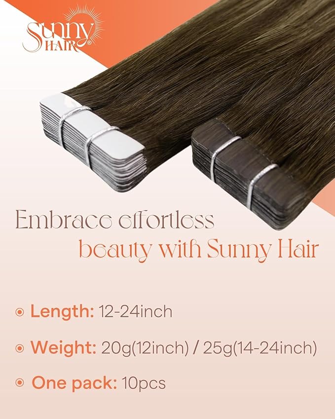 Sunny Hair Tape in Hair Extensions Real Human Hair Invisible Remy Hair Extensions Tape ins for Women Dark Brown Ombre Caramel Blonde Balayage 12 inch 20G