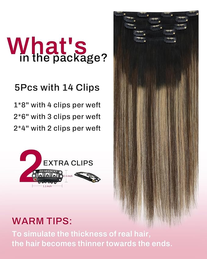Moresoo Balayage Hair Extensions Clip ins Natural Black to Brown with Honey Blonde Clip in Real Human Hair Ombre Black to Blonde for Women Remy Human Hair Long Full Head 80g/5pcs 18 inch