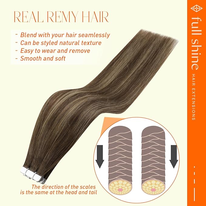 Full Shine Tape in Hair Extensions Human Hair 16Inch 20Pcs Remy Glue in Hair Extensions Tape in Color 4 Medium Brown Fading to 24 Blonde Highlight 4 Seamless Invisible Tape in Hair Extensions 50Gram
