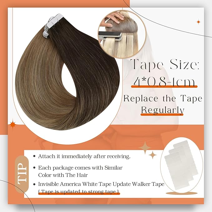 Full Shine Tape in Extensions Human Hair Balayage Tape in Hair Extensions Dark Brown to Chestnut Brown Highlighted Ash Blonde 20Inch Straight Hair Extensions Tape ins Natural Hair 20pcs 50G Add Length