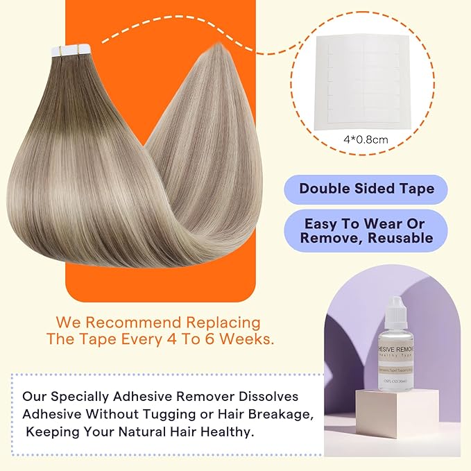 Full Shine Tape Ins Human Hair Extensions 20 Inch Color 8 Ash Brown Fading to 60 and 18 Ash Blonde Seamless Skin Weft Tape in Hair Extensions 20Pcs 50G Double Sided Tape Extensions for Women Real Hair