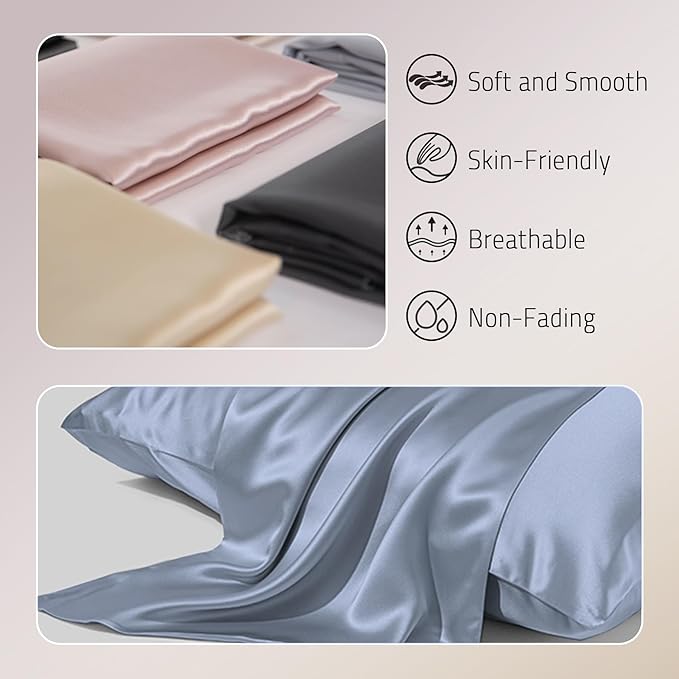 Mulberry Silk Pillow Cases for Hair and Skin Prevent Acne Pillowcase Both Sides Real Silk Pillowcases Organic Silk Pillow Cases with Hidden Zipper, Dusty Blue, Standard (20"×26")