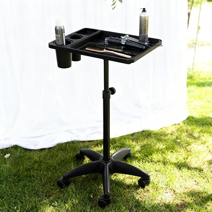 Salon Rolling Tray, Height Adjustable Tattoo Tray Rolling Cart, Storage Utility Trolley for Spa, Beauty Salon Service, Hairdresser Cart with Wheels, Black (Upgrade Black-TRAY-158N)