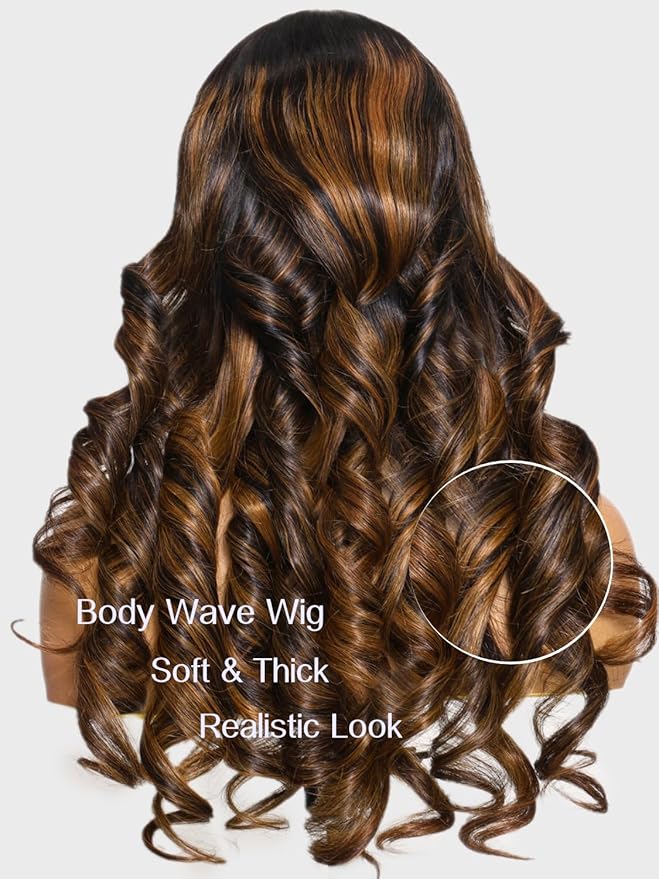 Julia Hair Bye Bye Knots Glueless Wig Highlight Balayage Brown Body Wave 7x5 Pre Cut HD Lace Front Wigs Human Hair Pre Plucked Bleached Knots Pre Everything Ready To Go Ombre Wig 22 Inch