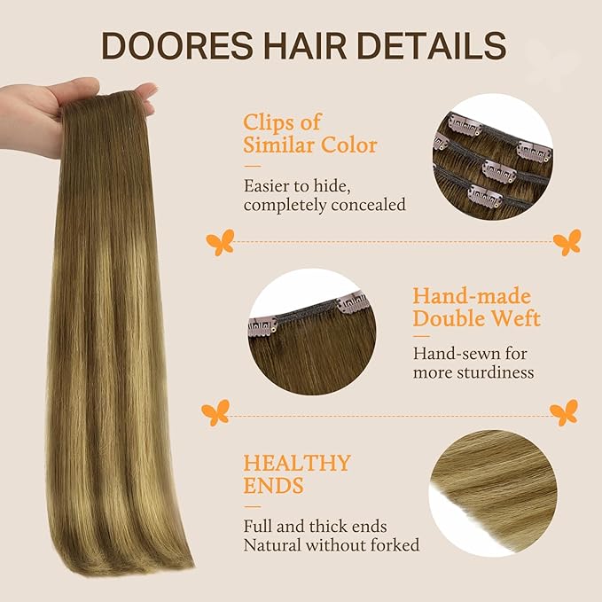 DOORES Clip in Hair Extensions, Medium Brown Highlighted Dirty Blonde 150g 9pcs 22 Inch, Remy Human Hair Extensions for Women, Straight Thick
