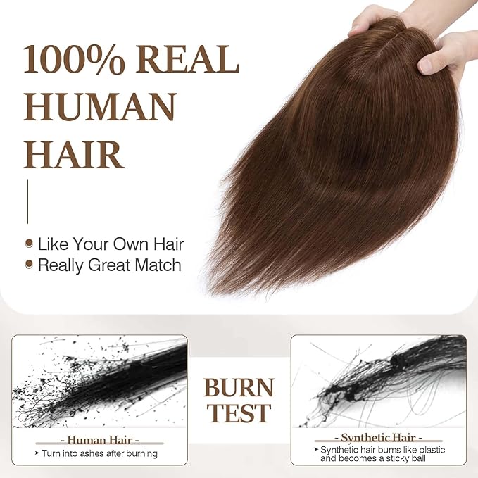 Rich Choices Hair Toppers for Women Real Human Hair 100% Human Remy Toppers NO Bangs for Women with Thinning on Top Clip in Hairpiece 4"x4.7"Lace Base 12 Inch #4 Medium Brown
