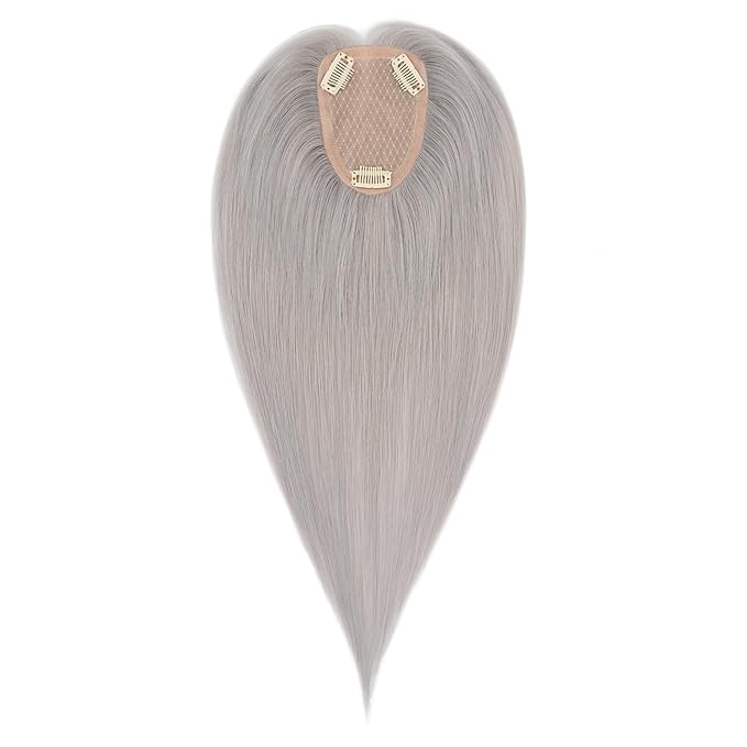 Hairro Human Hair Toppers Free Parted, 3.5x4.7" Base Hand-wovened 100% Real Hairpieces, with Invisible Clips-in for Women, for High Hairline/Adding Volume on Top, 14 Inch Grey