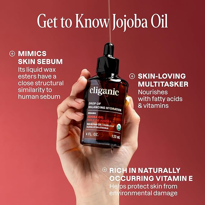 Cliganic Organic Jojoba Oil, 100% Pure (2oz) | Natural Cold Pressed Unrefined Hexane Free Oil for Hair & Face | Base Carrier