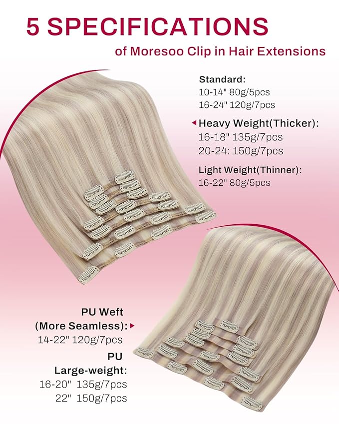Moresoo Clip in Hair Extensions Remy Double Weft Human Hair Clip in Extensions Straight Hair Extensions for Women Ash Blonde Highlight with Blonde 7pcs 150g 24inch