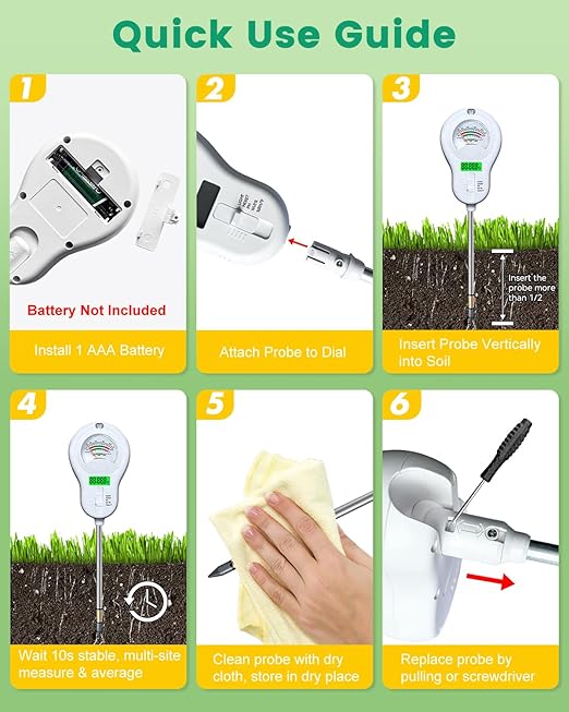 6-in-1 Soil Tester with 3 Probes - Soil Moisture, pH, Fertility, Temperature, Light & Air Humidity Meter, Soil Test Kit for Garden, Lawn, Indoor and Outdoor Plants