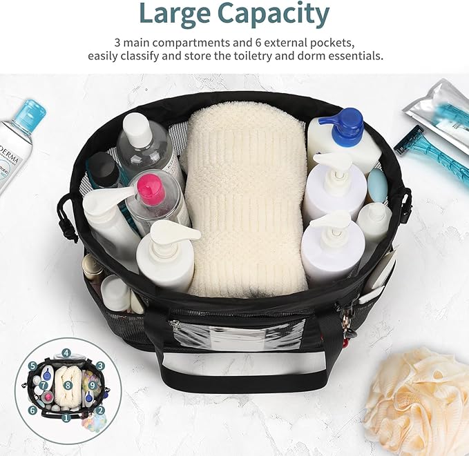 Large Shower Caddy Portable, Mesh Shower Caddy with Hook, Hanging Toiletry Bag with Dividers, Quick Dry Bathroom Tote Shower Bag with Bottom Zipper Open Design for Gym, Dorm, Camping, Beach, Travel