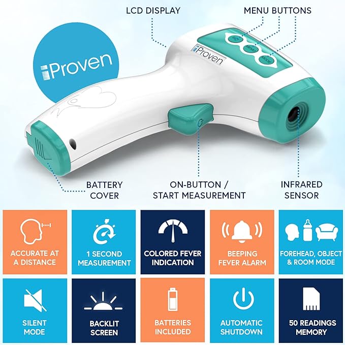 Infrared Forehead Thermometer for Adults and Infants, Touchless iProven Thermometer, 1sec Instant Accurate Readings, 3 in 1 Including Fever Alarm, Silent & Memory Mode