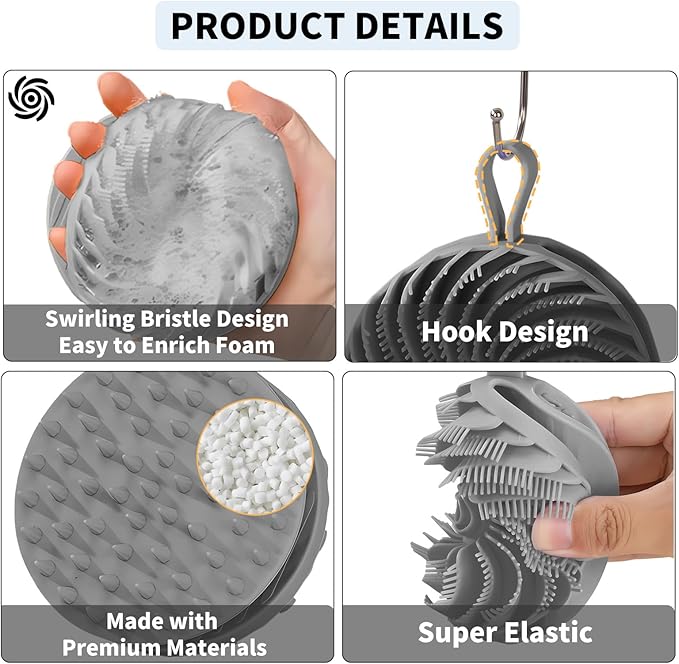 Larger Silicone Body Scrubber&Scalp Massager Hair Growth (Grey)