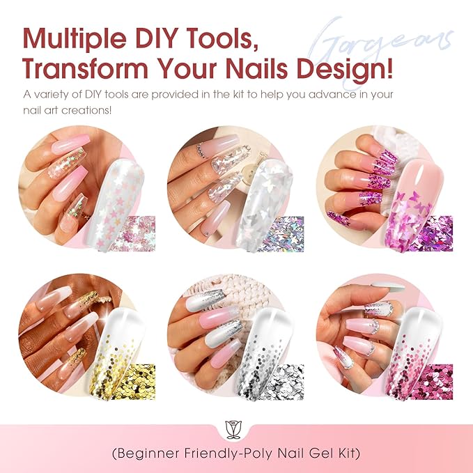 Poly Nail Gel Kit -20 Colors + 76 Nail Art Accessories ROSALIND Nude Clear Poly Nails Gel Kit Starter Kit with Slip Solution Nude Pink Nails Extensions with Mini UV Lamp