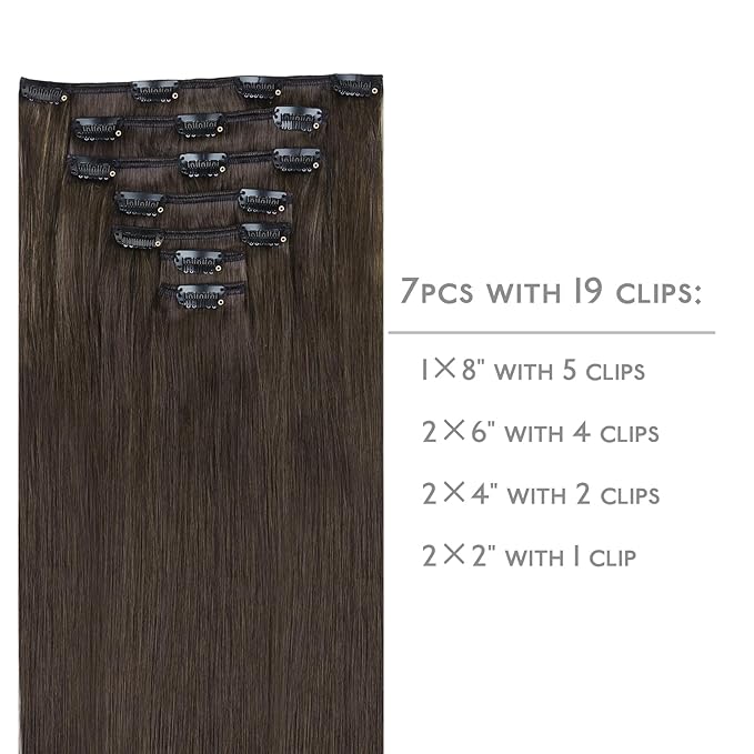 WENNALIFE Clip in Hair Extensions Real Human Hair, 14 Inch 120g 7pcs Human Hair Extensions Clip In Human Hair, Cool Dark Brown Clip In Real Hair Coloured Remy Human