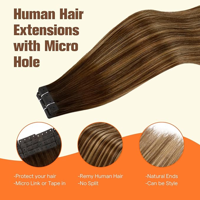Full Shine Human Hair Tape in Extensions Ombre Hair Extensions 20PCS Tape ins 50G 22INCH Color Medium Brown to Blonde and Medium Brown Seamless Women Soft Remy Hair Extensions No Glue No Clips