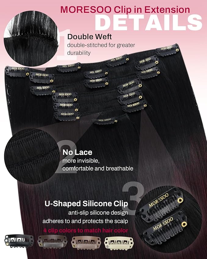 Moresoo Clip in Hair Extensions Dark Red Hair Extensions Clip ins Long Black to Burgundy Ombre Double Weft #1B/99J Balayage Natural Black to Deep Wine Red Long And Straight 120g/7pcs 20 inch