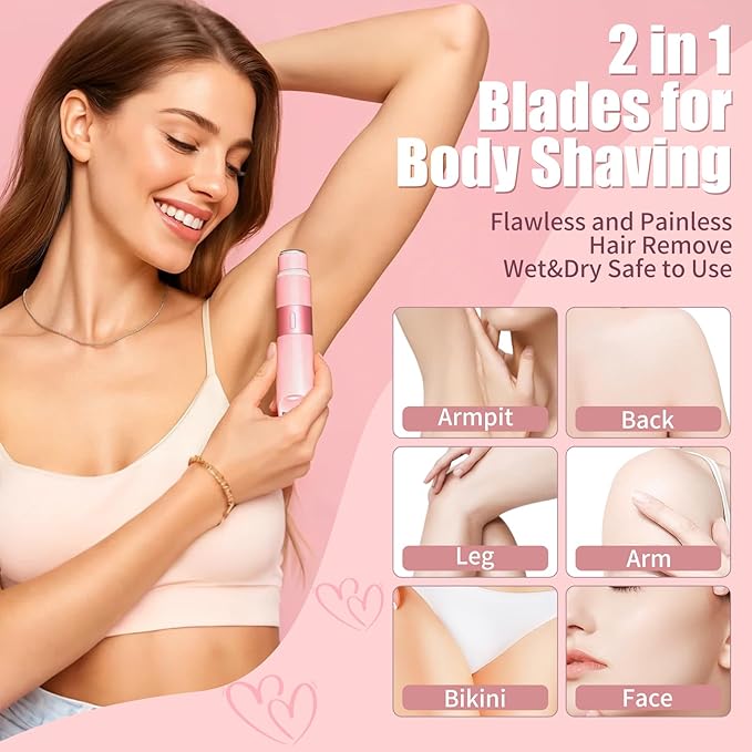 Bikini Trimmer for Women - 2 in 1 Painless Electric Razors for Women, IPX7 Waterproof Rechargeable LED Dual Head Electric Shaver for Lady Bikini Underarm, Body, Leg, Face Hair Remove - Pink