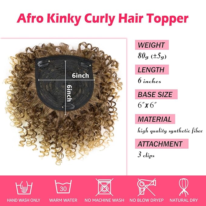 Natural Afro Kinky Curly Short Hair Toppers with Bangs Black Clip in Synthetic Wiglets Hair Pieces for Men and Women with Thinning Hair Instant Volume and Style(T27/33#)