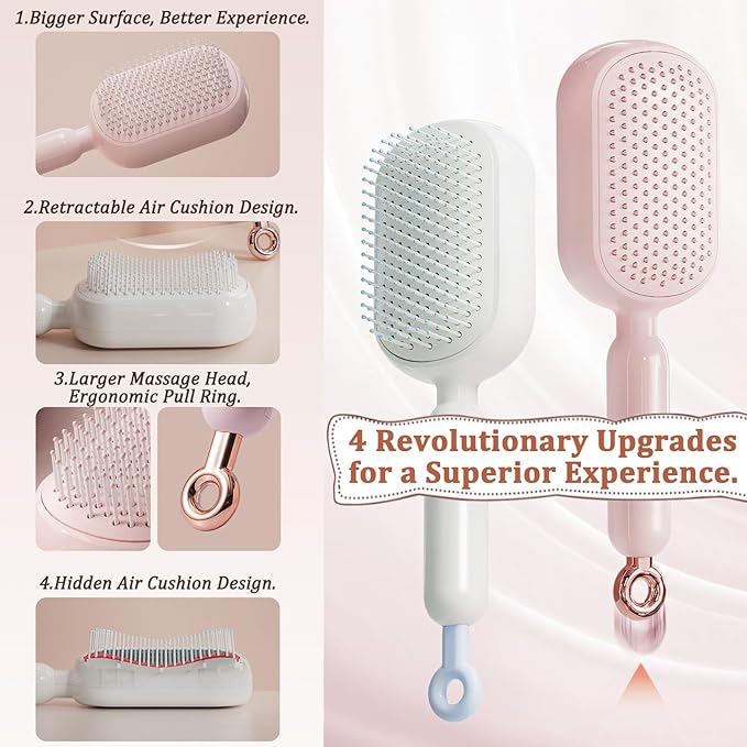 Retractable Cushion Massage Comb Brush, Pull Ring Cushion Massage Brush, Anti-Static Easy-Clean Massage Comb, Portable Travel, Smooth Clean Detangling Comb for All Hair Types(Pink)