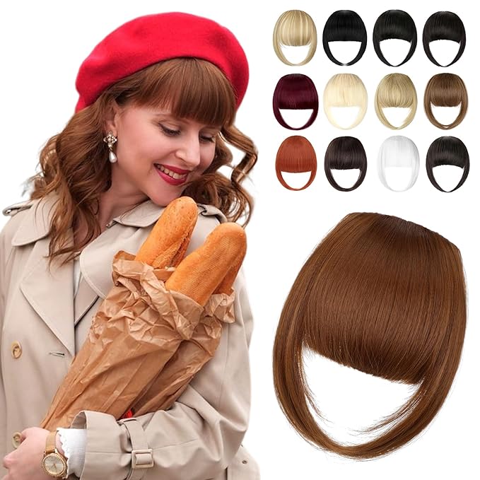 Clip in Bangs, Synthetic French Bangs Hair Clip, Fake Bangs Fringe with Temples Hairpieces for Women Natural Curved Hair Extensions for Daily Wear Light Auburn