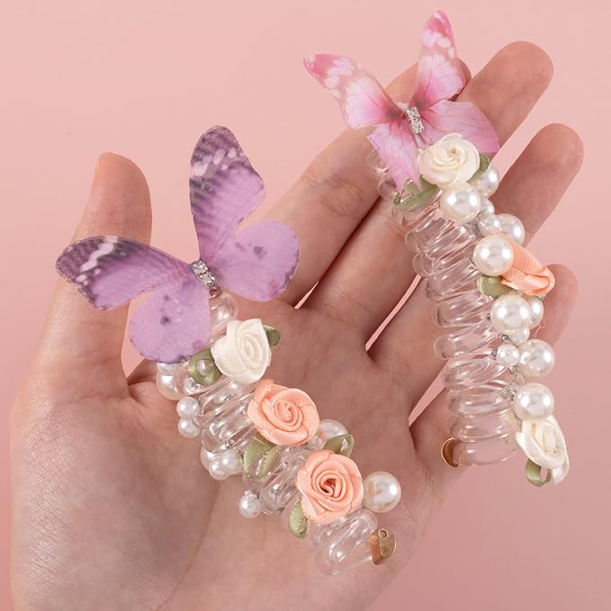 4PCS Rose Bead Spiral Hair Ties, 4 Colors Butterfly Floral Phone Cord Ponytail Holders for Women, Elegant Rubber Hair Coils, Stylish Hair Accessories for Party, Daily Use