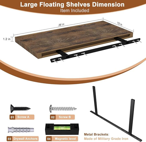 12 Inch Deep Floating Shelves for Wall 2 Pack Floating Shelves Large Storage Space Wall Mount Shelf for Living Room Kitchen Bathroom 36" W x 12" D x 1.2" H Rustic Brown