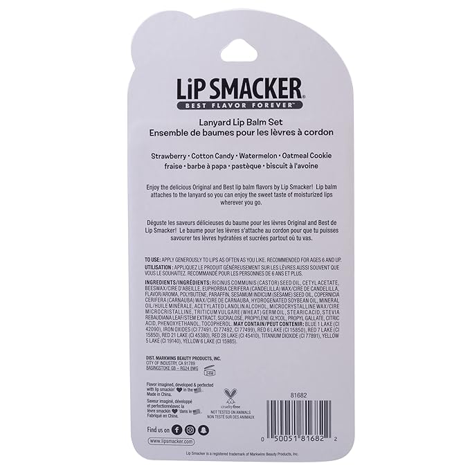 Lip Smacker Flavored Lip Balm & Pink Lanyard Set | Strawberry, Cotton Candy, Watermelon, Oatmeal Cookie Flavors | For Kids | Stocking Stuffer | Christmas Gift | Set of 4