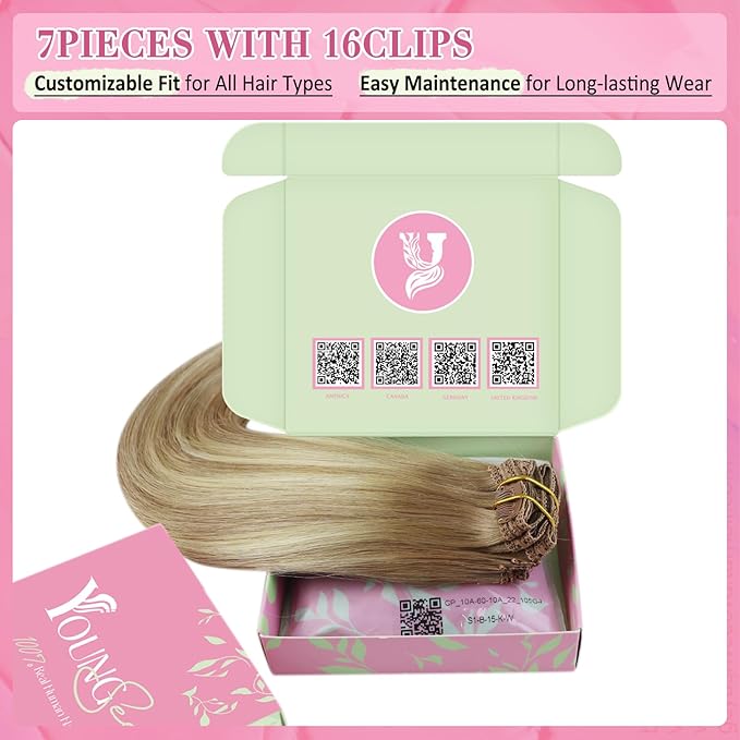 YoungSee 135g Clip in Hair Extensions Real Human Hair Balayage Clip in Hair Extensions Golden Brown and Platinum Blonde Clip ins Human Hair Extension Straight Remy Hair 18inch