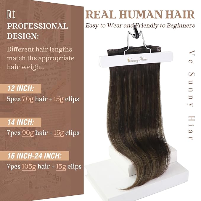 Ve Sunny Clip in Hair Extensions Thick Remy Human Hair Dark Brown Balayage Medium Brown Real Hair Extensions Clip in Human Hair Straight 18inch 7pcs 120g