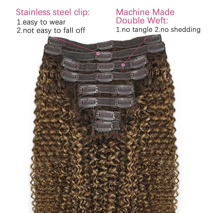 Kinky Curly Clip in Hair Extensions Real Human Hair 4/27/4 Omber Kinky Curly Clip ins For Women 3c 4a Brazilian Virgin Clip on Hair (14inch,#4/27/4)