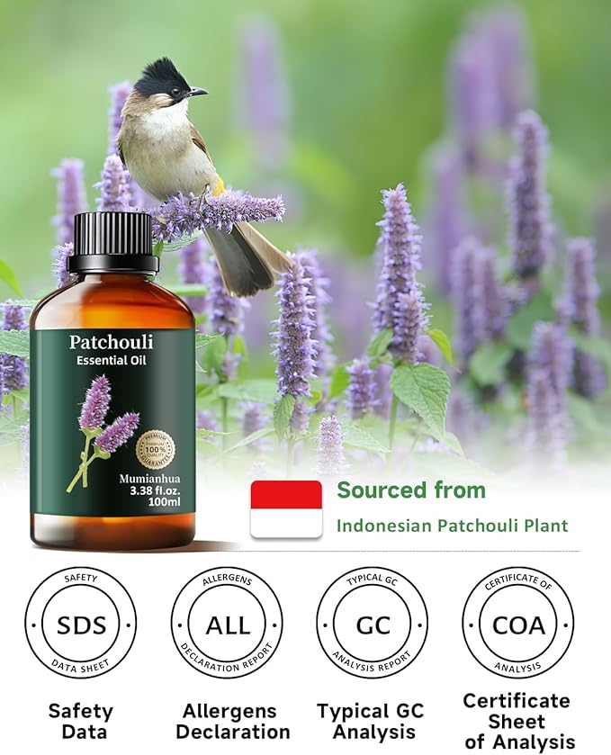 Pure Patchouli Essential Oil for Outdoor Shield, Natural Protective Blends, Earthy Aroma for Reed Diffuser, Room Spray, Hair, Skin Care, Candle, Soap Making, Mumianhua 3.38 Fl Oz