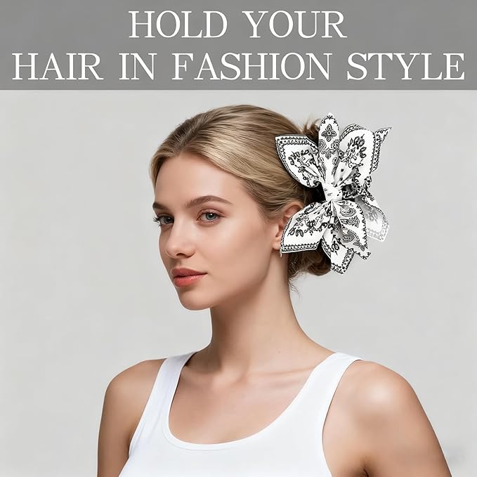 2Pcs Bow Claw Clips Boho Bandana Hair Bow Butterfly Styling Large Hair Clips for Women Large Claw Clips for Thick Hair (White)