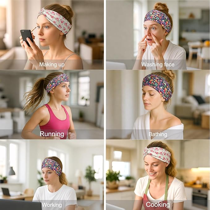 Artilady 6 Pack Boho Headbands for Women - Wide Bandana Headband Non Slip Stretchy Cheetah Flower Turban Headwarp Twisted for Girls