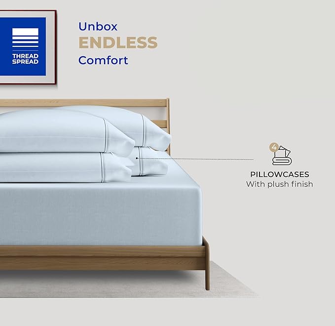 THREAD SPREAD 100% Cotton Pillowcases Standard/Queen Size Set of 4-400 Thread Count Cotton Pillowcases, Ultra Soft Cool Sateen Weave Pillow Cases for Sleeping, Set of 4 Pillow Covers (Light Blue)