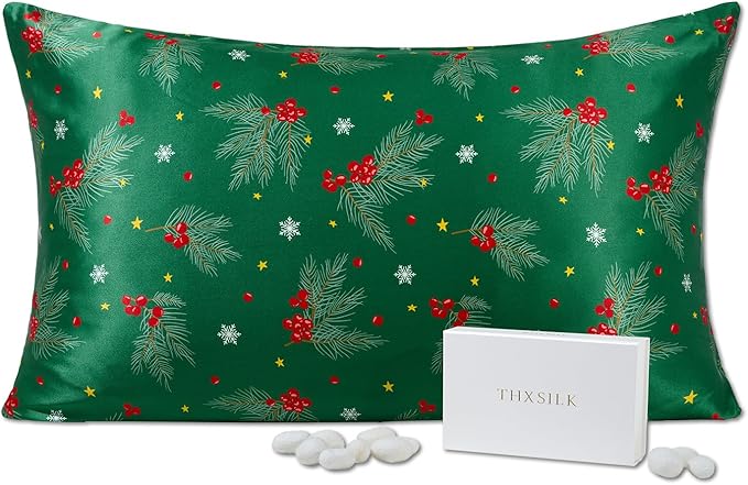 THXSILK Christmas Style 6A+ Grade Mulberry Silk Pillowcase for Hair and Skin, 22 Momme 100% Pure Silk Pillow Case with Hidden Zipper, Christmas Holly Printed Pillow Cover(King Size 20"x36", Green)
