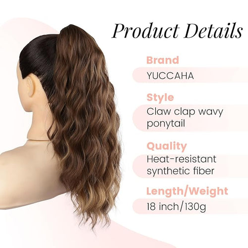 18" Ponytail Extension, Claw Clip Ponytail Extensions for Women Wavy Pony Tails Hair Extensions Fluffy Natural Looking Synthetic Hairpiece for Daily Use (Light Brown Mixed Honey Gold)
