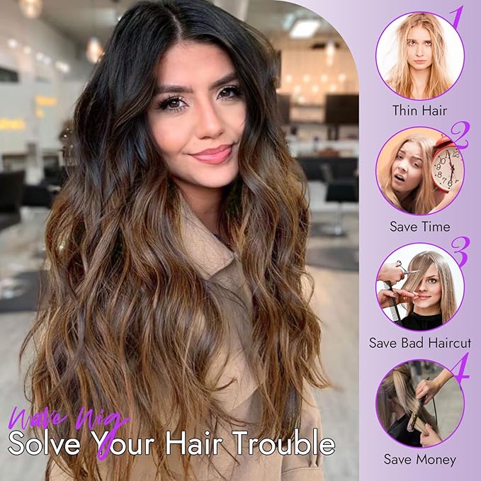 Ombre Brown Wig for Women Long Wavy 4x1 Lace Natural Hairline Glueless for Beginners Middle Part Synthetic for Daily Party Use 30Inch